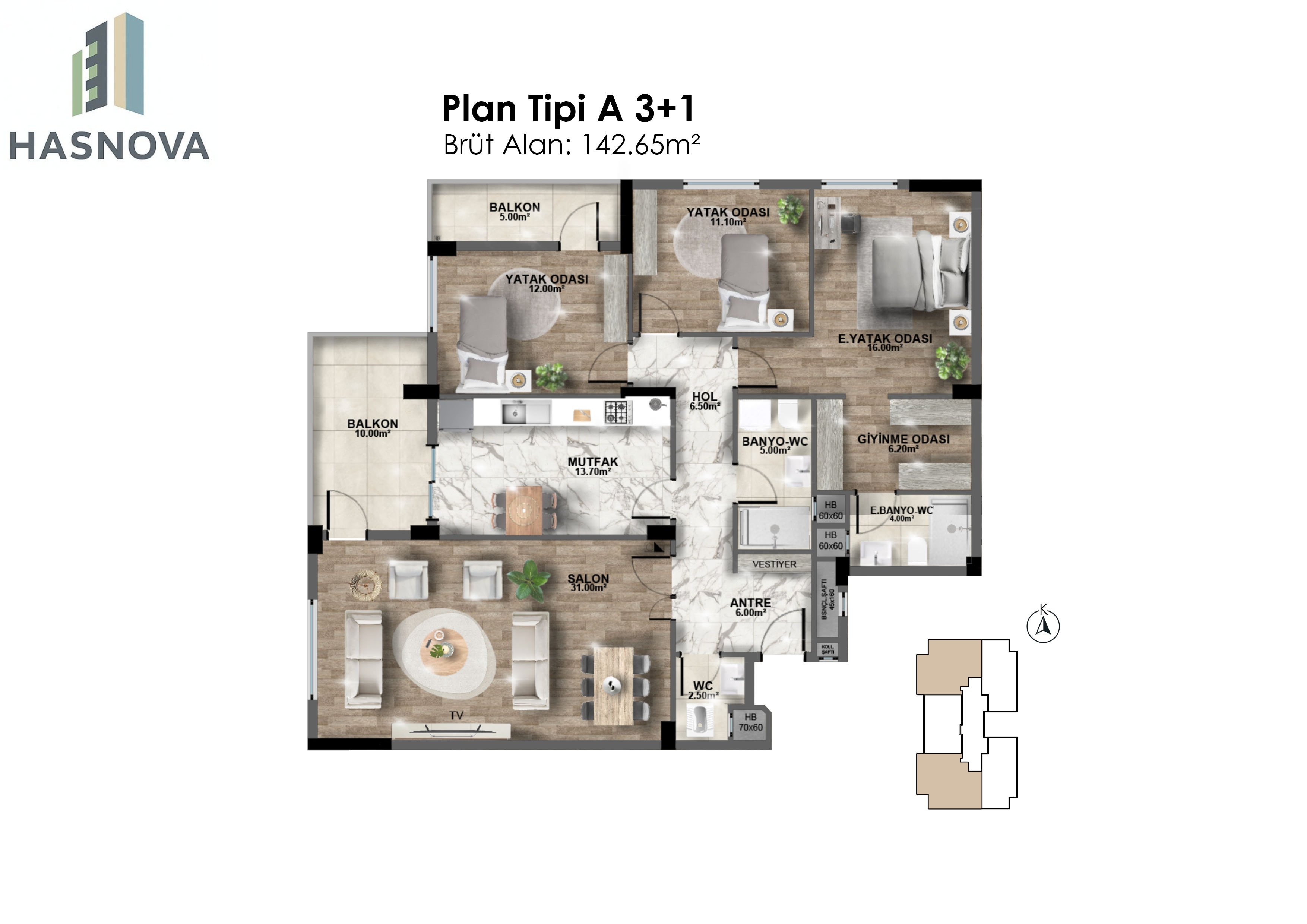 HasNova 3+1 Daire Kat Planı